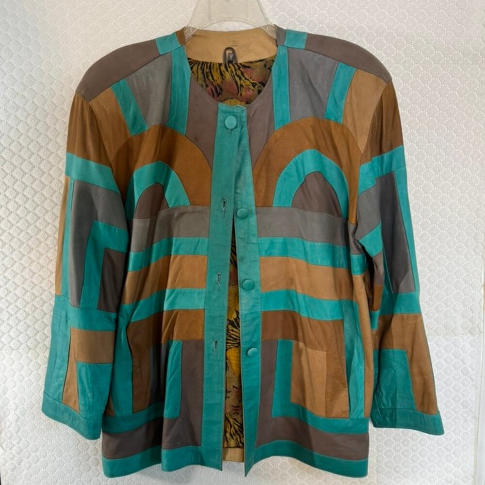 Vtg Gianni Geometric Design Patchwork Button Up L… - image 2